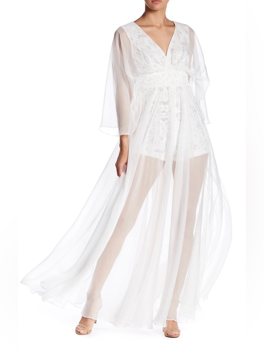 Lotus treads Boho Cream Maxi Romper with
Sheer Overlay Long Bell Sleeves